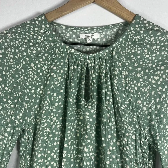 Maurices Shirt Women XS Green White Dot Print V-Neck Smocked Peasant Blouse Boho - Picture 4 of 9
